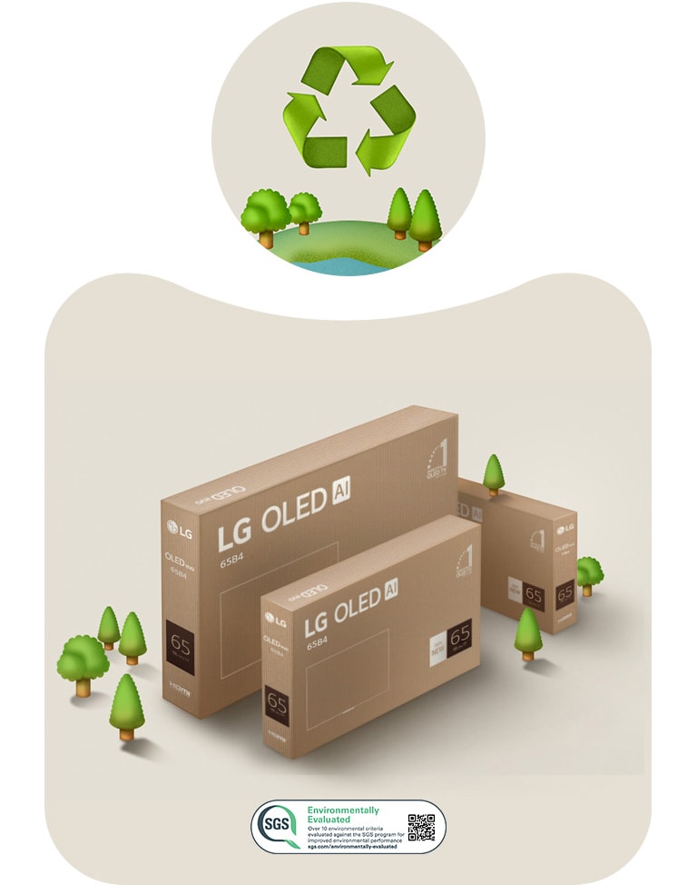 LG OLED pakiranje na bež pozadini s nacrtanim drvećem. 
