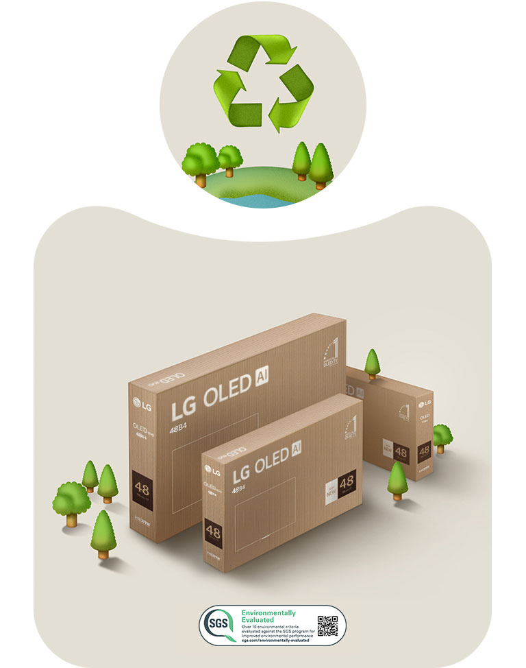 LG OLED pakiranje na bež pozadini s nacrtanim drvećem. 