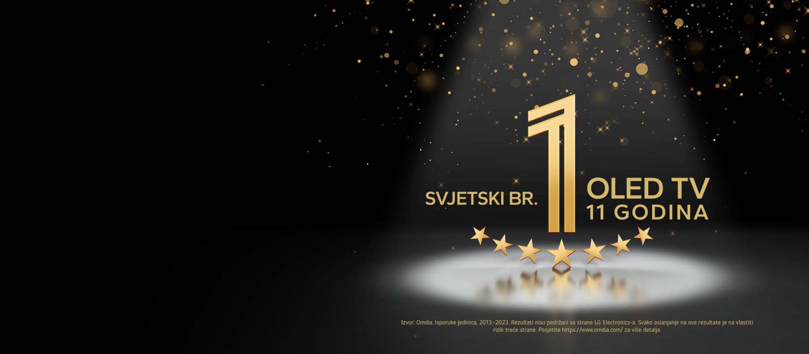 Zlatni amblem „Najbolji OLED TV na svijetu već 11 godina” na crnoj pozadini. Reflektor obasjava amblem, a zlatne apstraktne zvijezde ispunjavaju nebo iznad njega.
