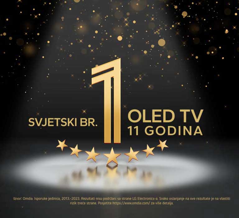 Zlatni amblem „Najbolji OLED TV na svijetu već 11 godina” na crnoj pozadini. Reflektor obasjava amblem, a zlatne apstraktne zvijezde ispunjavaju nebo iznad njega.
