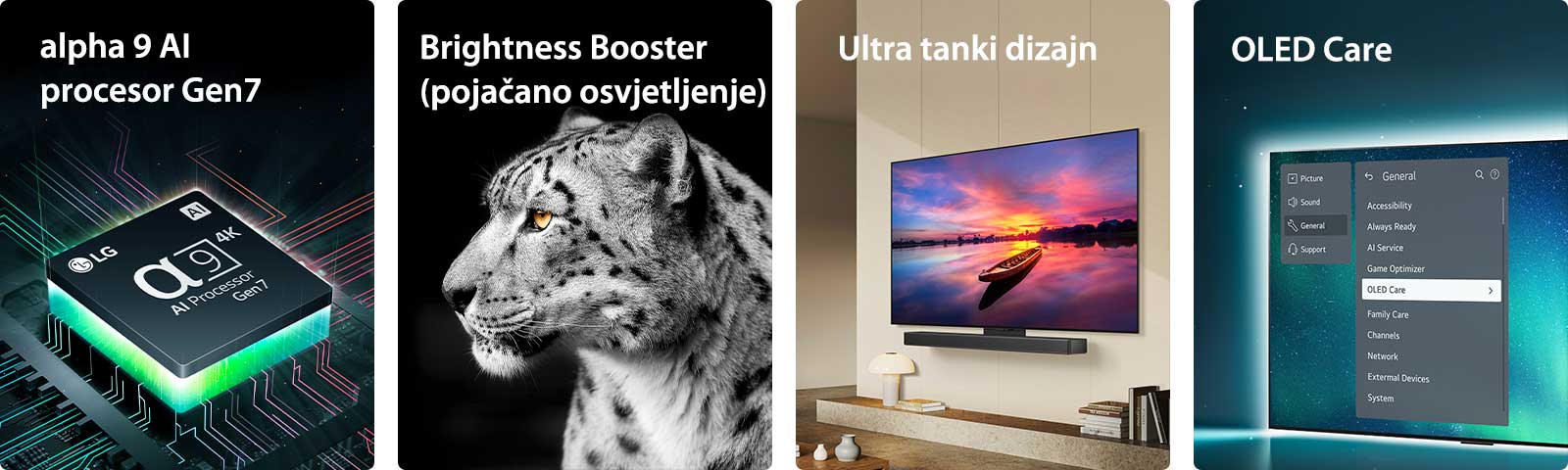 Alpha 9 AI procesor Gen 7 tvrtke LG na vrhu matične ploče emitira zelenu blještavu svjetlost. Brightness Booster (pojačano osvjetljenje) sa slikom profila bijelog leoparda. Izuzetno tanak i spreman za LG Soundbar jer se postavlja uza zid u modernom životnom prostoru. OLED TV s izbornikom OLED Care odabire se u izborniku podrške koji se prikazuje na zaslonu.