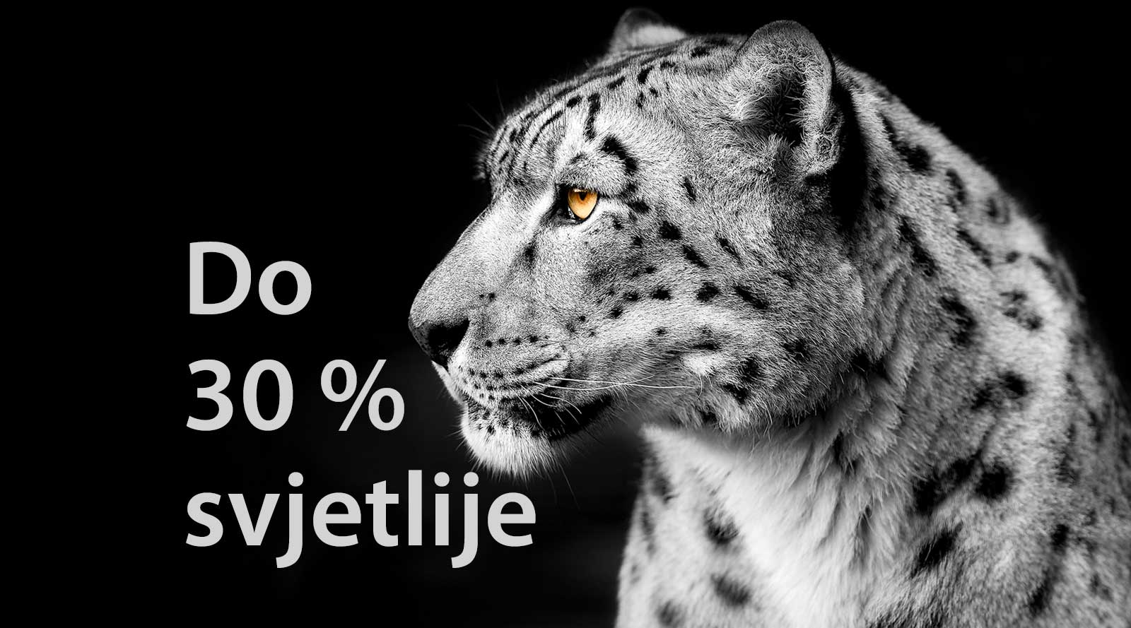 Profilni prikaz bijelog leoparda na lijevoj strani slike. Na lijevo se prikazuje natpis „Do 30 % jasnije”.