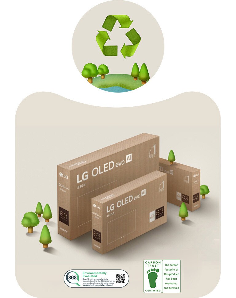 LG OLED pakiranje na bež pozadini s nacrtanim drvećem. 