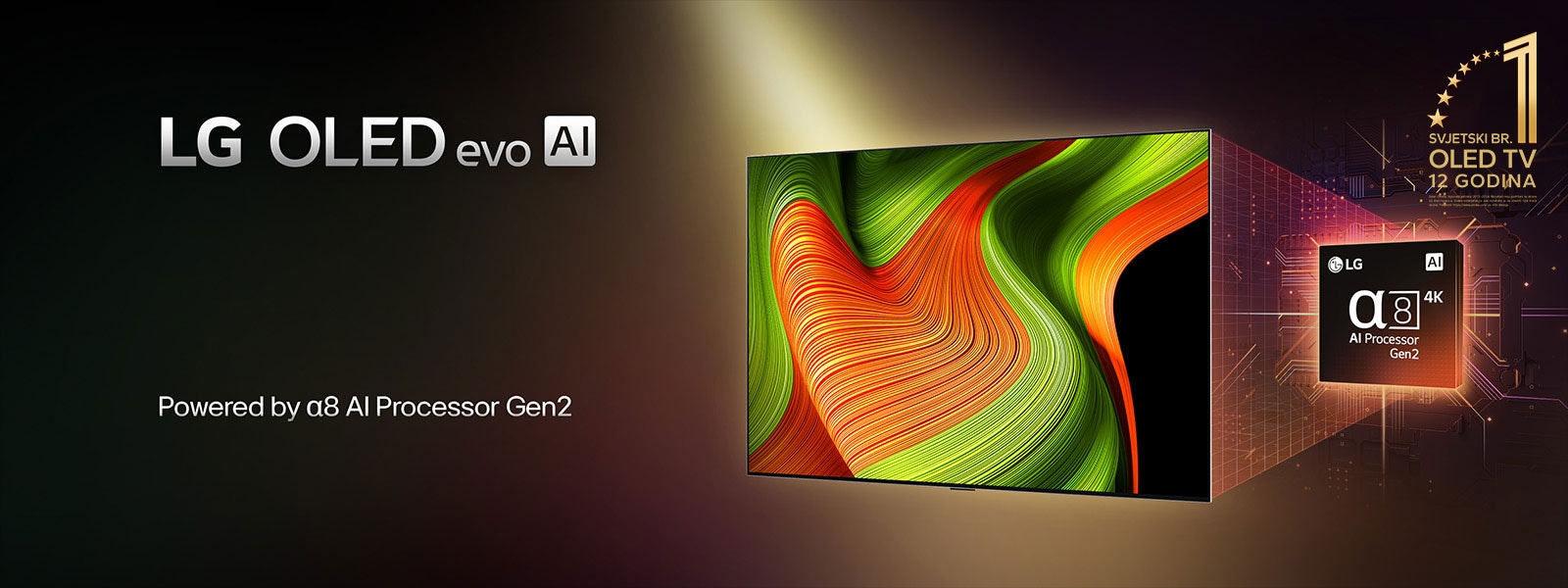 Na zaslonu LG OLED evo AI TV prikazana je apstraktna slika s impresivnim pojedinostima, bojom i kontrastom. Uvećana verzija procesora alpha 8 AI Processor Gen2 nalazi se iza televizora. Svijetli svjetlošću osvjetljavajući krugove mikročipa. Naslov glasi: LG OLED evo AI. Vidljiv je i tekst „pokretan procesorom LG alpha 8 AI processor Gen2”. Zlatni logotip sa zvjezdicama nalazi se u kutu na kojem piše OLED TV broj jedan na svijetu već dvanaest godina. 