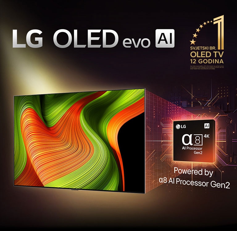 Na zaslonu LG OLED evo AI TV prikazana je apstraktna slika s impresivnim pojedinostima, bojom i kontrastom. Uvećana verzija procesora alpha 8 AI Processor Gen2 nalazi se iza televizora. Svijetli svjetlošću osvjetljavajući krugove mikročipa. Naslov glasi: LG OLED evo AI. Vidljiv je i tekst „pokretan procesorom LG alpha 8 AI processor Gen2”. Zlatni logotip sa zvjezdicama nalazi se u kutu na kojem piše OLED TV broj jedan na svijetu već dvanaest godina. 