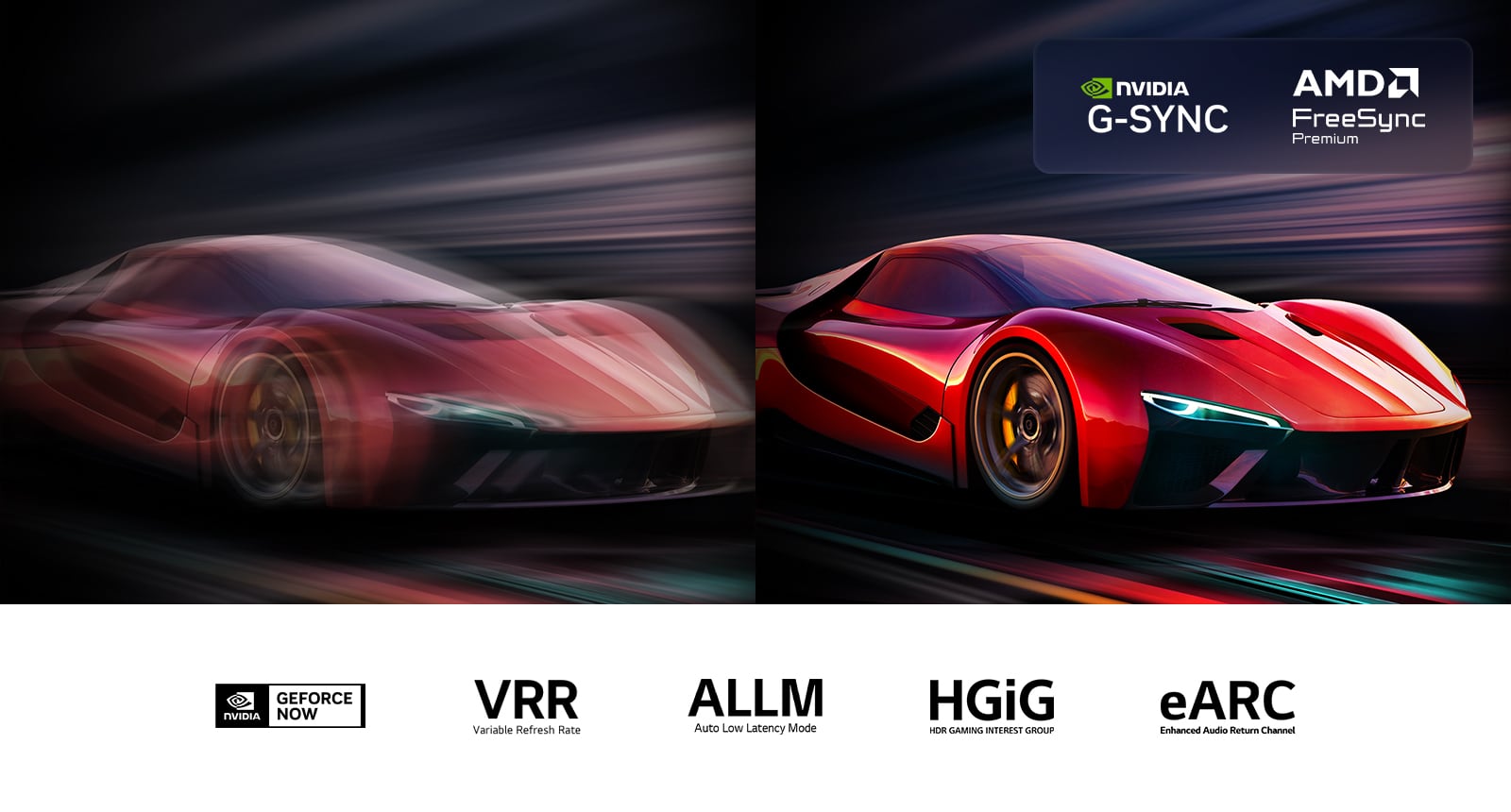 Usporedni prikaz dvije slike automobila u videoigri. Na jednoj je vidljiva poprilična zamućenost pokreta. Na drugoj je jasno i fokusirano prikazana visoka brzine izmjene kadrova na televizoru LG OLED TV. Vidljivi su logotip tehnologije Nvidia G-Sync i druge odgovarajuće potvrde. 