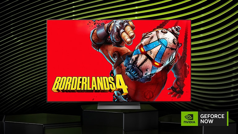 LG TV s posterom popularne igre na zaslonu. Vidljiv je logotip NVIDIA GeForce NOW.