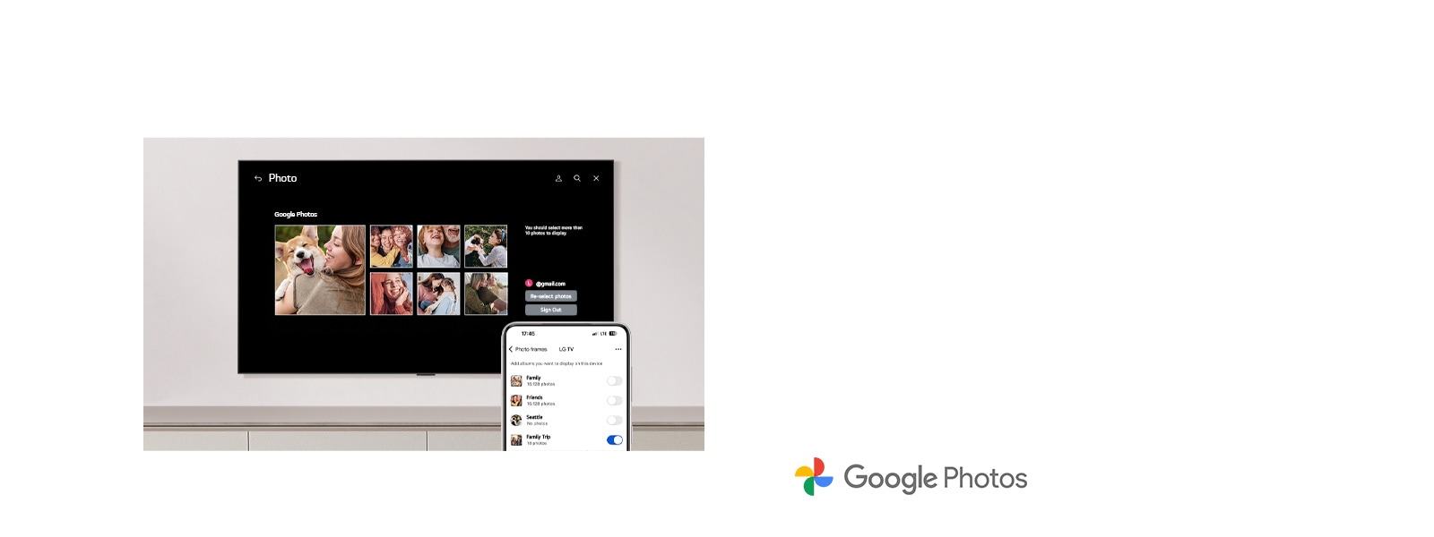 Praktično povežite svoj račun za Google fotografije s televizorom i to samo pomoću svog telefona. Lako personalizirajte svoj prostor korištenjem sadržaja iz vlastite fotogalerije.