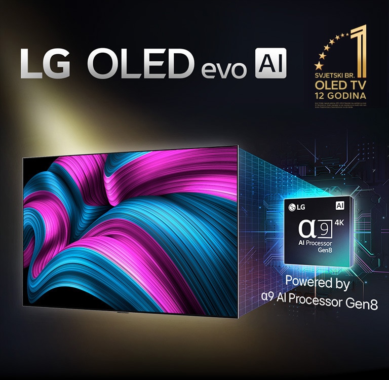 Na zaslonu televizora LG OLED evo AI TV prikazana je apstraktna slika s impresivnim pojedinostima, bojom i kontrastom. Uvećana verzija procesora alpha 9 AI Processor Gen8 nalazi se iza televizora. Svijetli osvjetljavajući krugove mikročipova oko njega. Naslov glasi: LG OLED evo AI. Vidljiv je i tekst „pokretan procesorom LG alpha 9 AI Gen8”. Zlatni logotip sa zvjezdicama nalazi se u kutu na kojem piše televizor OLED TV broj jedan na svijetu već dvanaest godina. 