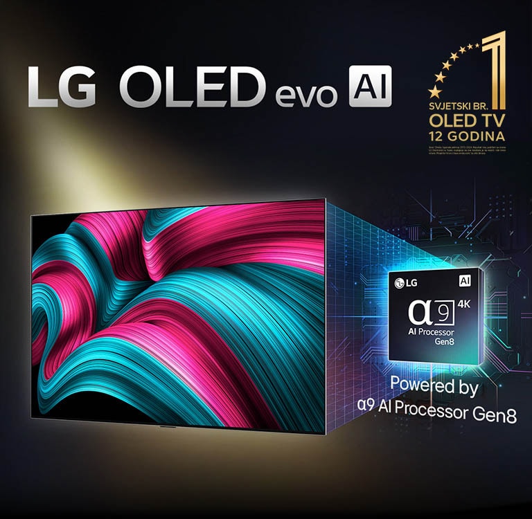 Na zaslonu televizora LG OLED evo AI TV prikazana je apstraktna slika s impresivnim pojedinostima, bojom i kontrastom. Uvećana verzija procesora alpha 9 AI Processor Gen8 nalazi se iza televizora. Svijetli svjetlošću osvjetljavajući krugove mikročipa. Naslov glasi: LG OLED evo AI. Vidljiv je i tekst „pokretan procesorom LG alpha 9 AI Gen8”. Zlatni logotip sa zvjezdicama nalazi se u kutu na kojem piše televizor OLED TV broj jedan na svijetu već dvanaest godina. 