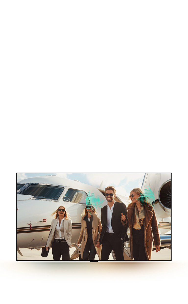 Grupa ljudi hoda po pisti u zračnoj luci. Iza njih se nalazi zrakoplov. Čini se kako je grupa upravo izašla iz zrakoplova, a motori zrakoplova još uvijek rade. Apstraktni zvučni valovi izlaze iz nekih ljudi dok govore, što pokazuje kako se unatoč glasnoj pozadinskoj buci glasovi mogu lako čuti i razumjeti zahvaljujući opciji Ai Voice Remastering.