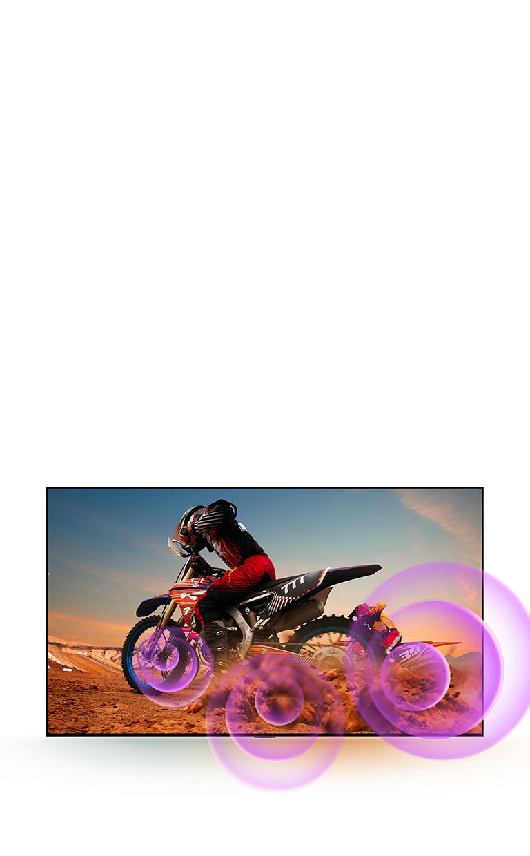 Na televizoru LG OLED TV prikazuje se čovjek na motoru s ljubičastim apstraktnim krugovima koji izlaze iz kotača i prikazuju emitirani zvuk.