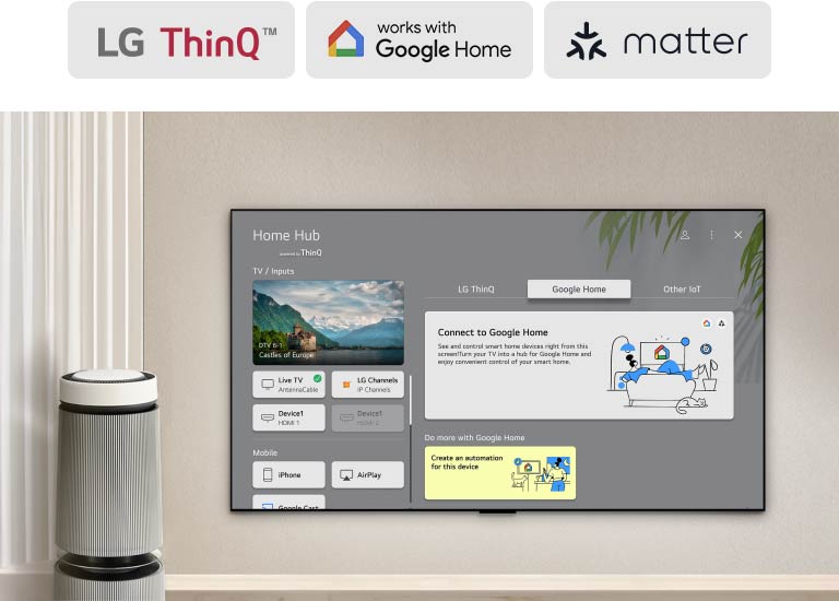 Televizor LG TV s Home Hubom na zaslonu. UI prikazuje Google Home, ThinQ i druge IoT uređaje, pokazujući kako jednostavno možete upravljati svim pametnim uređajima pomoću televizora.
