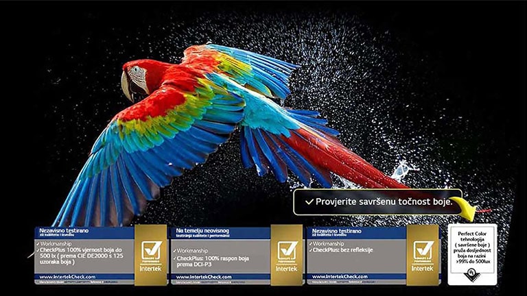 Blještavi vatrometi jarkih boja prikazani su na zaslonu televizora. Vidljiv je i logotip certifikacije, tehnologija savršene boje omogućuje razine dosljednosti boje veće od 99 % do najviše 500 luksa. Pored njega je vidljiva i certifikacija tvrtke Intertek koja pokazuje neovisno testiranje.
