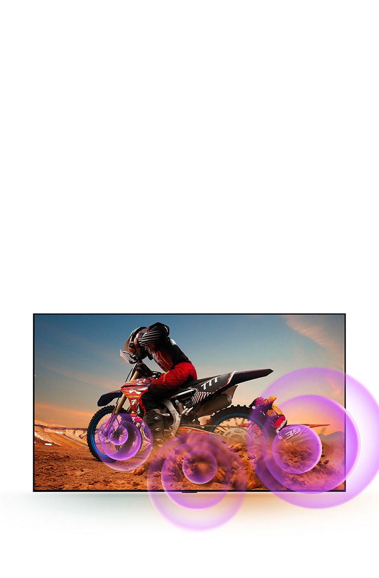 Na televizoru LG OLED TV prikazuje se čovjek na motorkotaču s ljubičastim apstraktnim krugovima koji izlaze iz kotača i prikazuju emitirani zvuk.