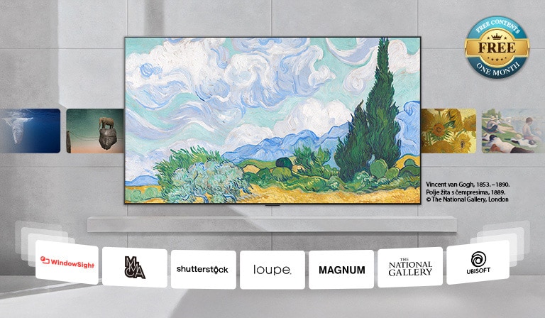 Televizor LG TV montiran na zidu s raznim sadržajem koji se izmjenjuje na zaslonu, od klasične umjetnosti, moderne umjetnosti, 3D sadržaja i sl. Prikazani su i logotipi partnera za kreiranje sadržaja. Oznaka „Free” (besplatno) u kutu navodi besplatni sadržaj, jedan mjesec.