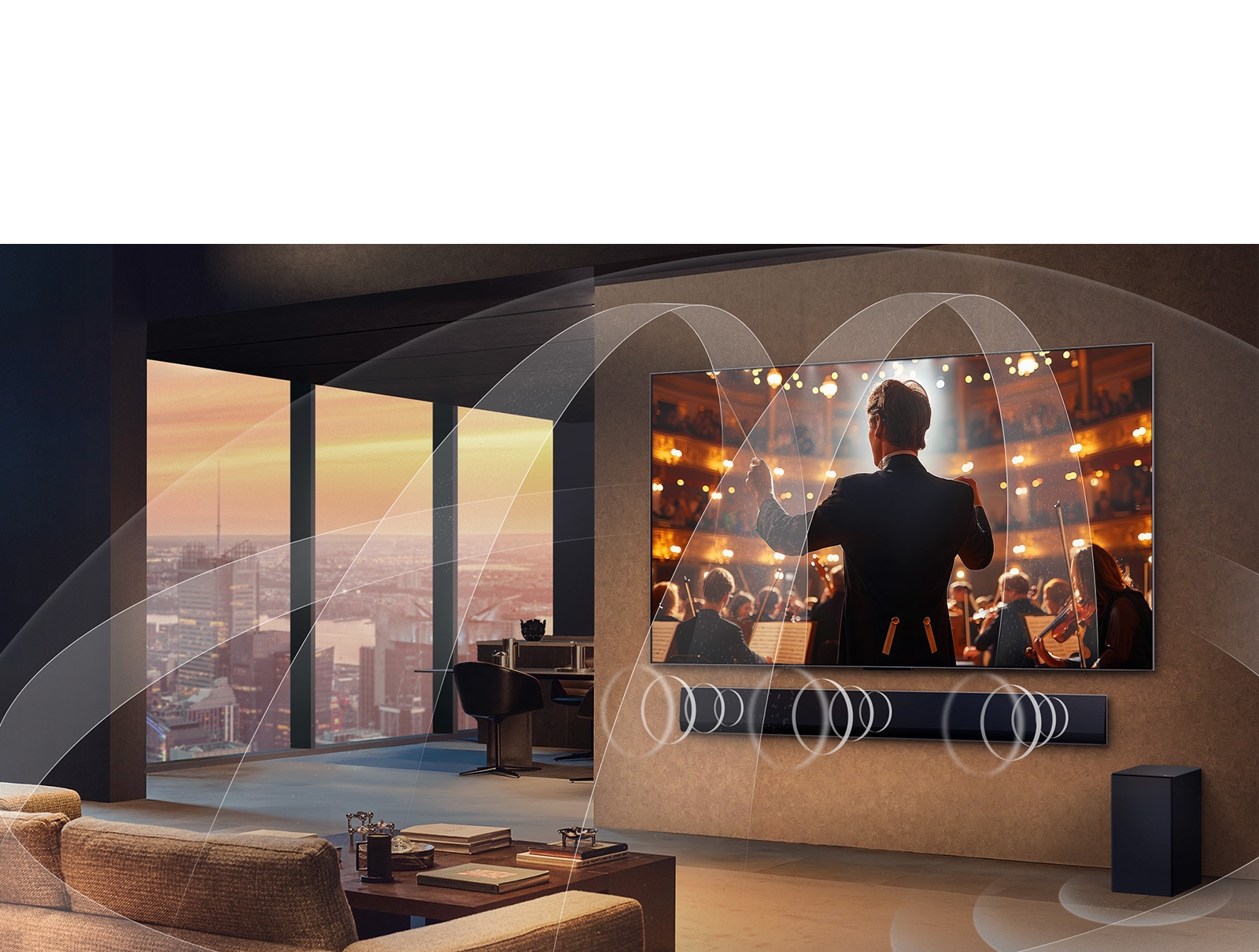 Dnevni boravak s televizorom LG OLED TV i  LG Soundbar s grafičkim prikazom koji prikazuje kako oba uređaja ispunjavaju prostor višestrukim surround zvukom.