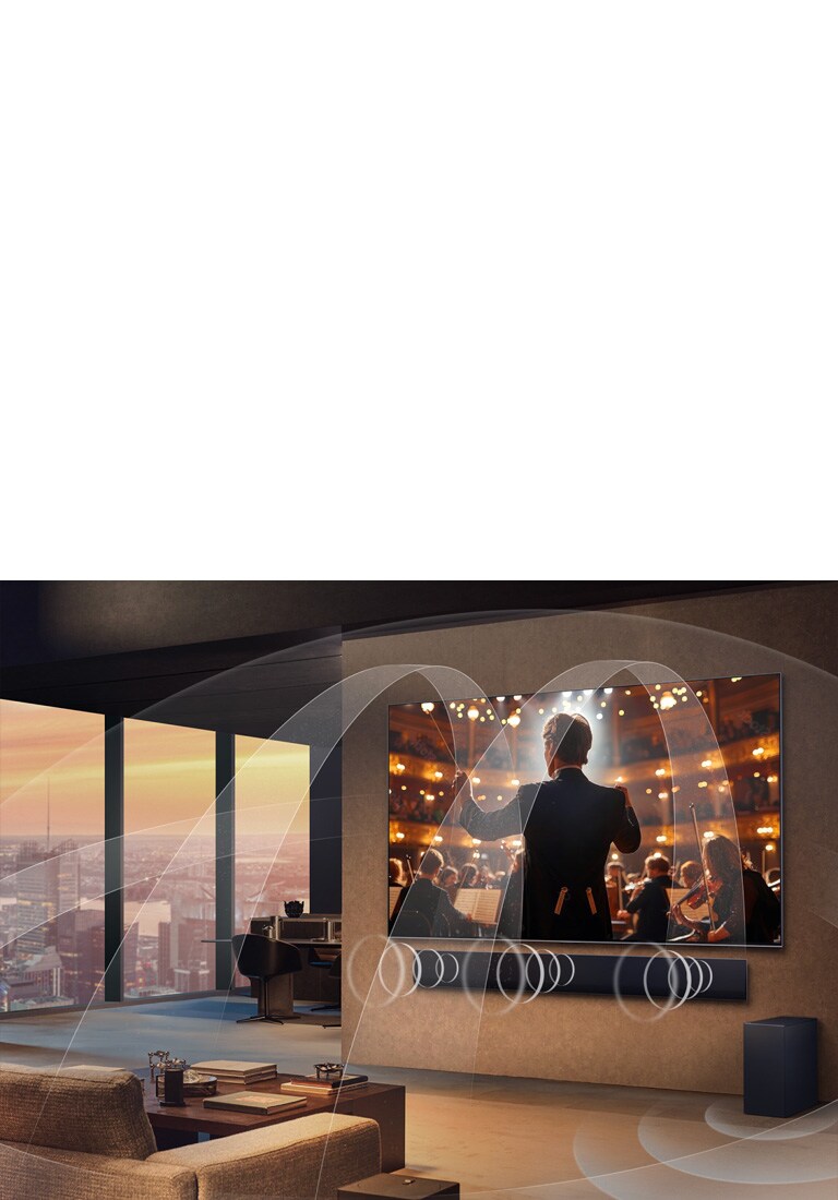 Dnevni boravak s televizorom LG OLED TV i  LG Soundbar s grafičkim prikazom koji prikazuje kako oba uređaja ispunjavaju prostor višestrukim surround zvukom.