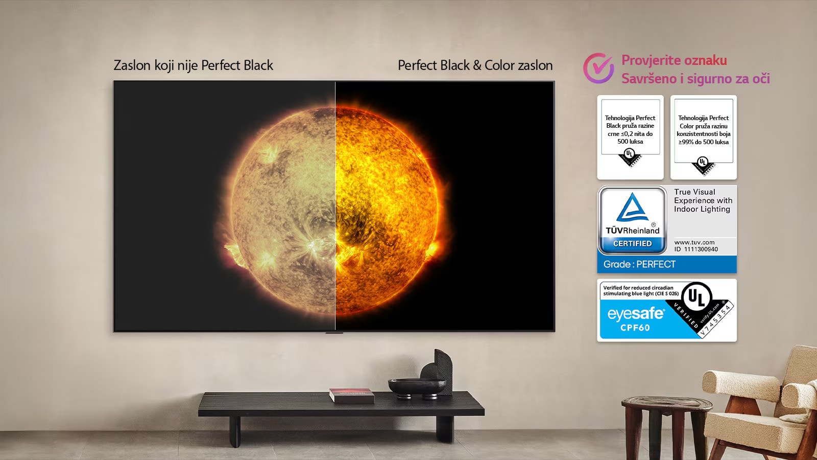 Dnevni boravak s LG OLED TV koji je montiran na zidu. Na televizoru se prikazuje planinski lanac na tamnom večernjem nebu ispunjenom zvijezdama. Scena je podijeljena na pola. Na jednoj strani je mutnija, sivija verzija krajobraza s oznakom: prikaz nesavršeno crne boje. Na drugoj straniji je oku ugodnija slika s većim dinamičkim rasponom crne i bijele boje. Ona ima oznaku: prikaz savršeno crne boje. Vidljiv je i logotip certifikacije, tehnologija savršeno crne boje omogućuje razinu crne boje koja je manja od ili jednaka 0,24 nita do najviše 500 luksa.