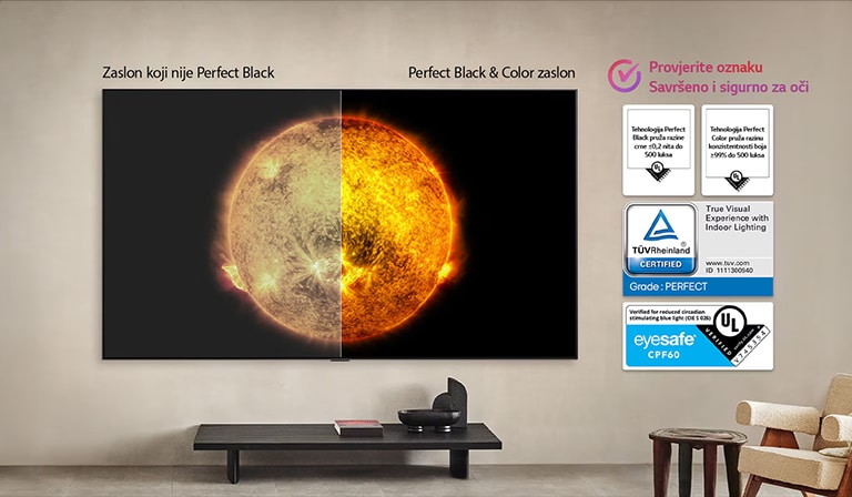 Dnevni boravak s LG OLED TV koji je montiran na zidu. Na televizoru se prikazuje planinski lanac na tamnom večernjem nebu ispunjenom zvijezdama. Scena je podijeljena na pola. Na jednoj strani je mutnija, sivija verzija krajobraza s oznakom: prikaz nesavršeno crne boje. Na drugoj straniji je oku ugodnija slika s većim dinamičkim rasponom crne i bijele boje. Ona ima oznaku: prikaz savršeno crne boje. Vidljiv je i logotip certifikacije, tehnologija savršeno crne boje omogućuje razinu crne boje koja je manja od ili jednaka 0,24 nita do najviše 500 luksa.