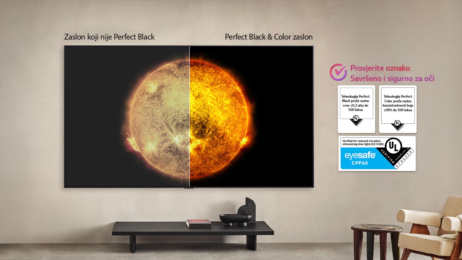 Dnevni boravak s LG OLED TV koji je montiran na zidu. Na televizoru se prikazuje planinski lanac na tamnom večernjem nebu ispunjenom zvijezdama. Scena je podijeljena na pola. Na jednoj strani je mutnija, sivija verzija krajobraza s oznakom: prikaz nesavršeno crne boje. Na drugoj straniji je oku ugodnija slika s većim dinamičkim rasponom crne i bijele boje. Ona ima oznaku: prikaz savršeno crne boje. Vidljiv je i logotip certifikacije, tehnologija savršeno crne boje omogućuje razinu crne boje koja je manja od ili jednaka 0,24 nita do najviše 500 luksa.