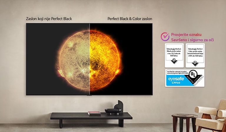 Dnevni boravak s LG OLED TV koji je montiran na zidu. Na televizoru se prikazuje planinski lanac na tamnom večernjem nebu ispunjenom zvijezdama. Scena je podijeljena na pola. Na jednoj strani je mutnija, sivija verzija krajobraza s oznakom: prikaz nesavršeno crne boje. Na drugoj straniji je oku ugodnija slika s većim dinamičkim rasponom crne i bijele boje. Ona ima oznaku: prikaz savršeno crne boje. Vidljiv je i logotip certifikacije, tehnologija savršeno crne boje omogućuje razinu crne boje koja je manja od ili jednaka 0,24 nita do najviše 500 luksa.