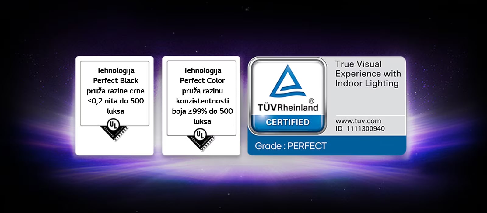 Prikazuju se logotipovi potvrde tvrtke UL i certifikacije tvrtke TÜV dodijeljenje značajkama zaslona za savršenu crnu boju i savršenu boju.