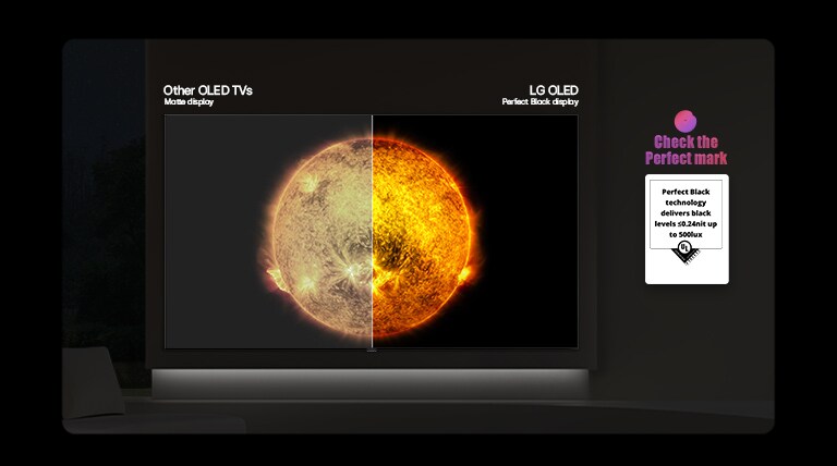 Na televizoru LG OLED AI B6E se prikazuje sliku sunca na podijeljenom zaslonu koja uspoređuje mat zaslon bez odsjaja sa zaslonom ovog televizora i značajkom savršeno crne boje za kvalitetniju i jasniju sliku bez obzira na rasvjetu s vidljivim certifikatom tvrtke UL za savršeno crnu boju.