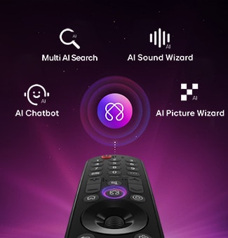 Televizor LG OLED AI B6E sadrži značajku AI Hub za personalizaciju, uz simbol umjetne inteligencije iznad daljinskog upravljača okruženog oznakama za opcije pretraživanja pomoću višestruke UI - Multi AI Search, AI Concierge, AI Voice ID sa stranicom „My Page”, AI Chatbot, AI Picture Wizard i AI Sound Wizard.