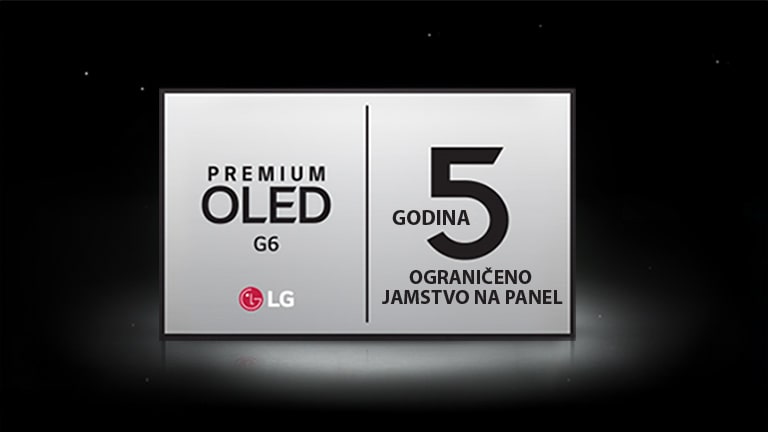 Logotip petogodišnjeg ograničenog jamstva na panel za televizor Premium OLED G6 prikazan je na tamnoj pozadini.