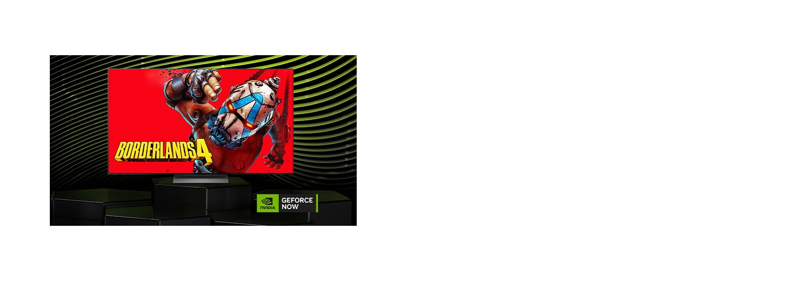 Televizor LG OLED evo AI G6 s uslugom NVIDIA GeForce NOW prikazuje Borderlands 4 na zaslonu uz logotip GeForce NOW, predstavljajući pristup igranju u oblaku unutar sučelja televizora.