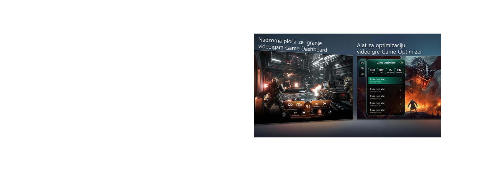 Televizor LG OLED evo AI G6 s funkcijama nadzorne ploče za igranje videoigara Game Dashboard i alata za optimizaciju videoigre Game Optimizer prikazuje usporedne zaslone videoigre i izbornik na zaslonu za prilagodbu postavki igranja kao što su brzina osvježavanja, latencija i vizualni načini rada u stvarnom vremenu.