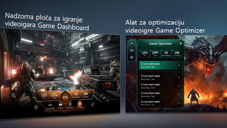 Televizor LG OLED evo AI G6 s funkcijama nadzorne ploče za igranje videoigara Game Dashboard i alata za optimizaciju videoigre Game Optimizer prikazuje usporedne zaslone videoigre i izbornik na zaslonu za prilagodbu postavki igranja kao što su brzina osvježavanja, latencija i vizualni načini rada u stvarnom vremenu.