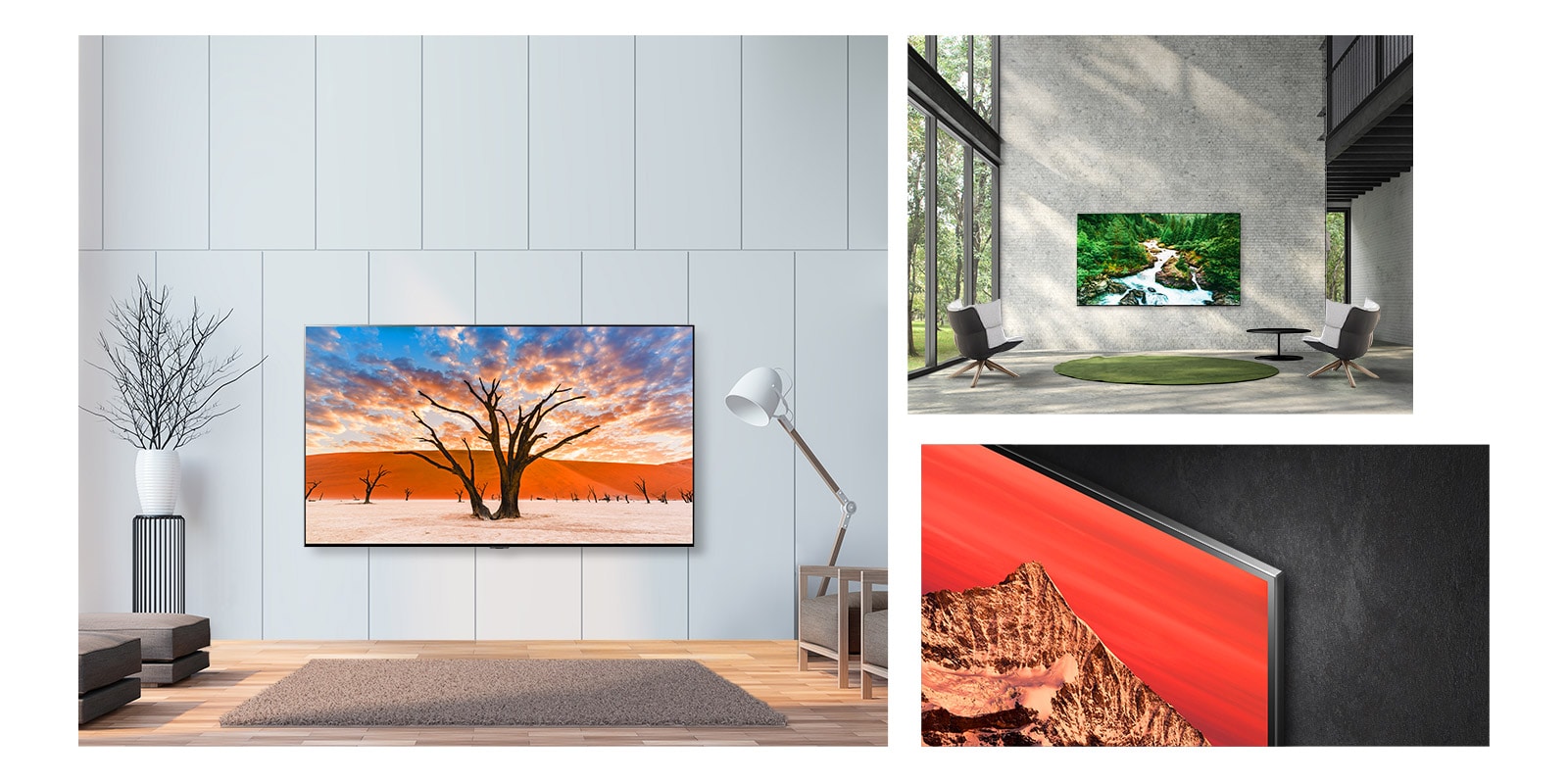 Trije prizori tankega in velikega LG QNED Mini LED TV visijo na steni kot umetniško delo.