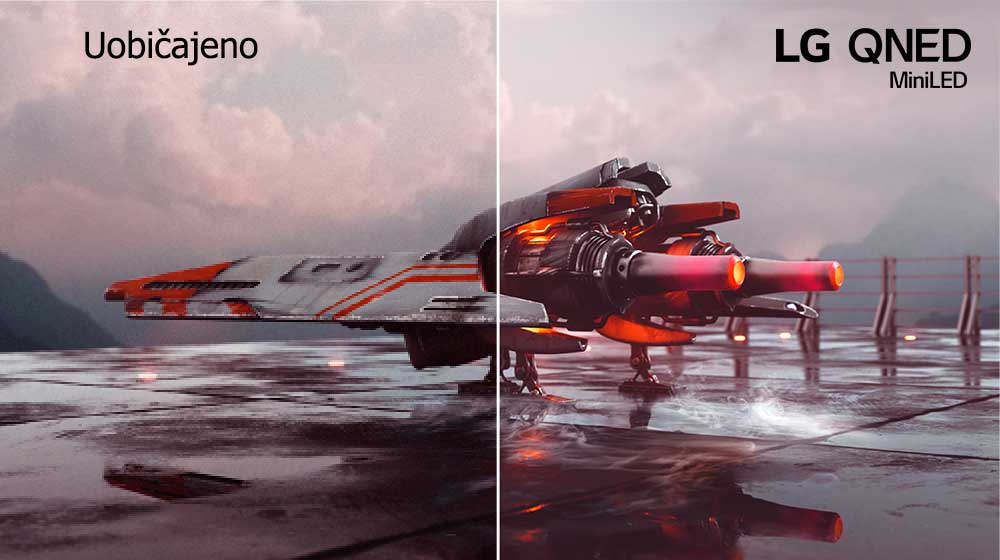 Има червен боен самолет и изображението е разделено на две – лявата половина на изображението изглежда по-малко цветна и малко по-тъмна, докато дясната половина на изображението е по-ярка и по-цветна. В горния ляв ъгъл на изображението пише Конвенционално, а в горния десен ъгъл е логото на LG QNED.