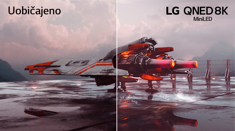 Има червен боен самолет и изображението е разделено на две – лявата половина на изображението изглежда по-малко цветна и малко по-тъмна, докато дясната половина на изображението е по-ярка и по-цветна. В горния ляв ъгъл на изображението пише Конвенционално, а в горния десен ъгъл е логото на LG QNED.