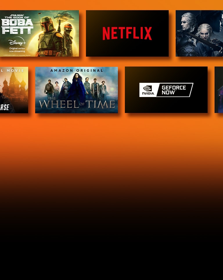 Logotipovi platformi s uslugom streamanja pokraj kojih se nalaze odgovarajuće snimke. Logotip platforme Netflix i serija Money Heist i the Witcher. Logotip platforme Prime Video i serija Without Remorse i The Wheel of Time. Logotip platforme Livenow i slika teasera serija Mamamoo i OneUS. Logotip platforme NVIDIA Geforce Now i slika igranja videoigara Cyberpunk 2077 i Splitgate. 