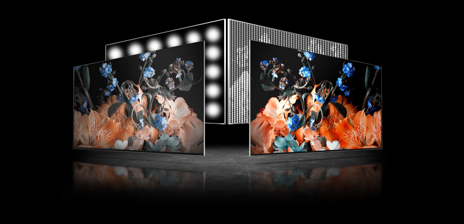 Dva su ekrana – jedan s lijeve strane, drugi s desne. Na svakom televizoru nalaze se iste slike šarenog kristala. Slika s lijeve strane je malo blijeda, dok je slika s desne strane jako živopisna. U lijevom donjem kutu televizora na desnoj slici nalazi se slika procesorskog čipa.