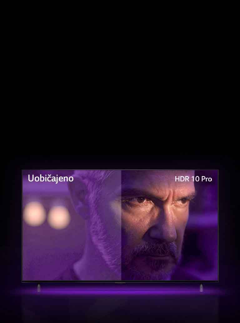 Čovjek gleda van, izgleda ljut. Slika se dijeli u dva dijela. Na lijevoj strani slike boja se čini mutnom i manje živopisnom, dok se na desnoj polovici slike boje čine živopisnijima te ih je više. U gornjem lijevom kutu piše „conventional”, a u gornjem desnom kutu „HDR 10 PRO”. 