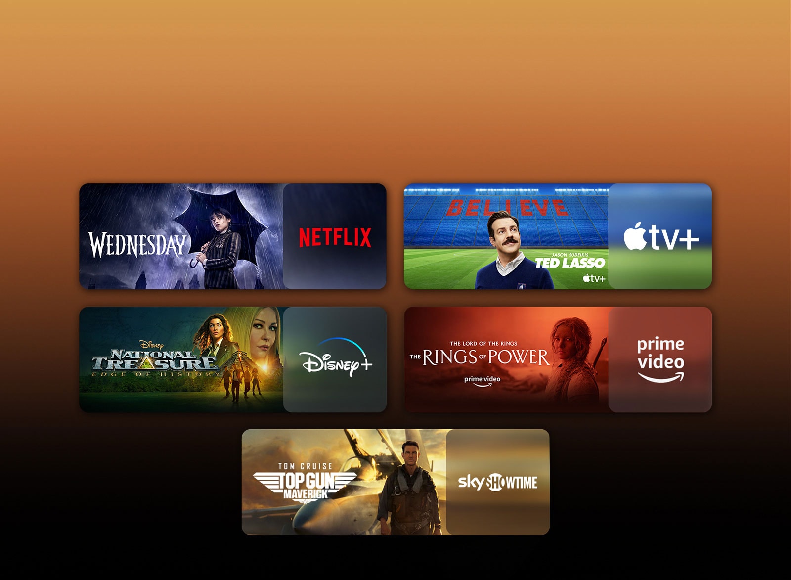 Logotipovi platformi s uslugom streamanja pokraj kojih se nalaze odgovarajuće snimke. Slike za Wednesday na Netflixu, TED LASSO na Apple TV-u, National Treasure na Disney Plusu, The Rings of Power na servisu PRIME VIDEO, TOP GUN na Sky Showtimeu.