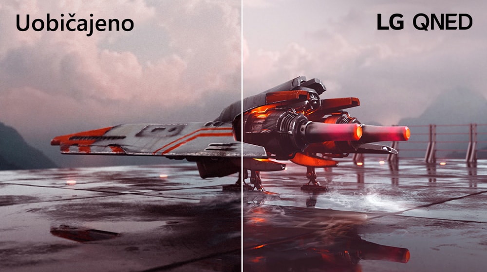 Na slici je crveni borbeni zrakoplov i slika se dijeli na dva dijela – čini se da je lijeva strana slike manje raznobojna i ponešto tamnija, dok je desna strana slike svjetlija i raznobojnija. U lijevom gornjem kutu slike piše Conventional, a u gornjem desnom kutu nalazi se logotip za LG QNED.