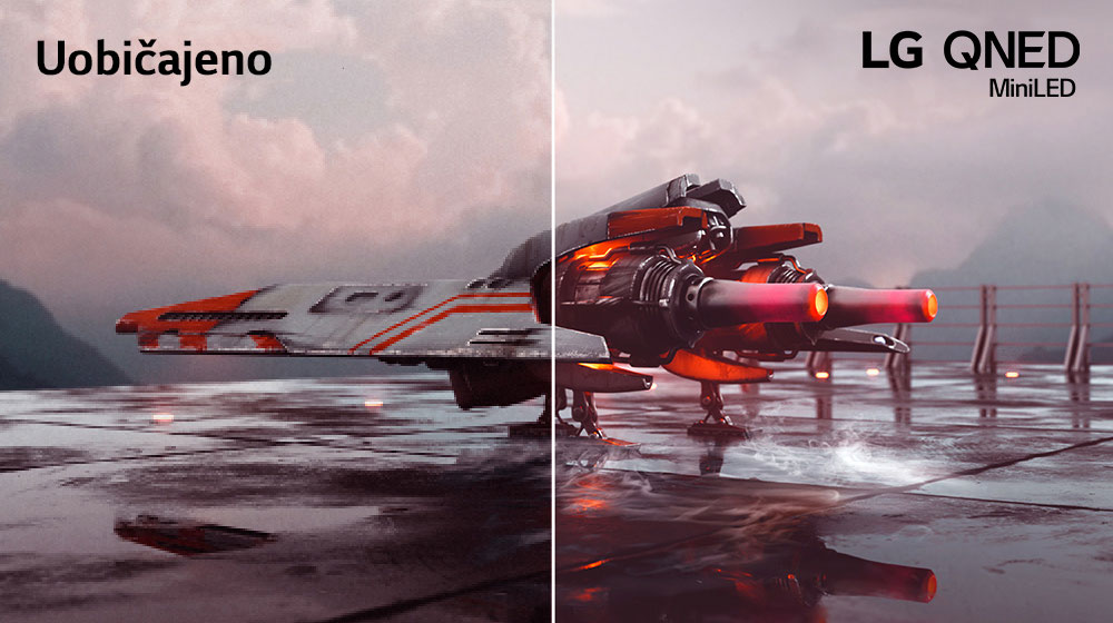 Na slici je crveni borbeni zrakoplov i slika se dijeli na dva dijela – čini se da je lijeva strana slike manje raznobojna i ponešto tamnija, dok je desna strana slike svjetlija i raznobojnija. U lijevom gornjem kutu slike piše Conventional, a u gornjem desnom kutu nalazi se logotip za LG QNED.