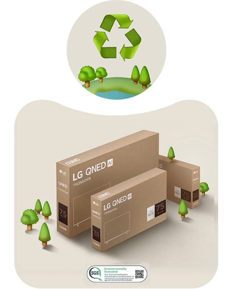LG QNED pakiranje na bež pozadini s nacrtanim drvećem. 