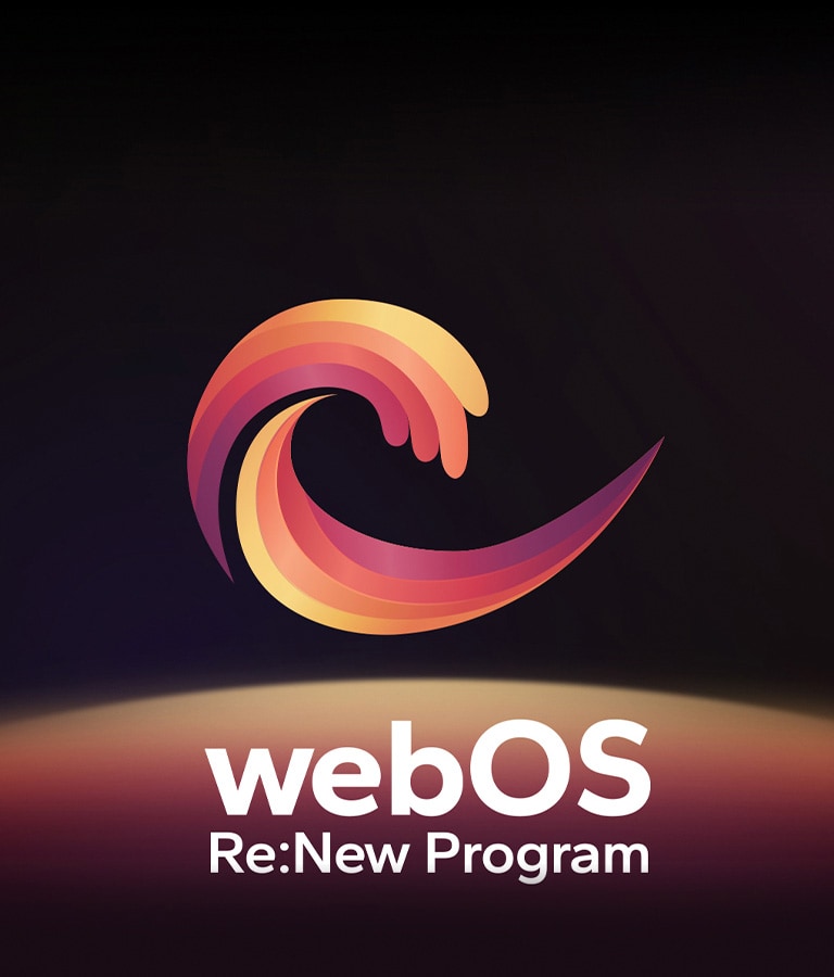 Logotip webOS Re:New Program na crnoj pozadini sa žutom i narančastom, ljubičastom kružnom kuglom na dnu.