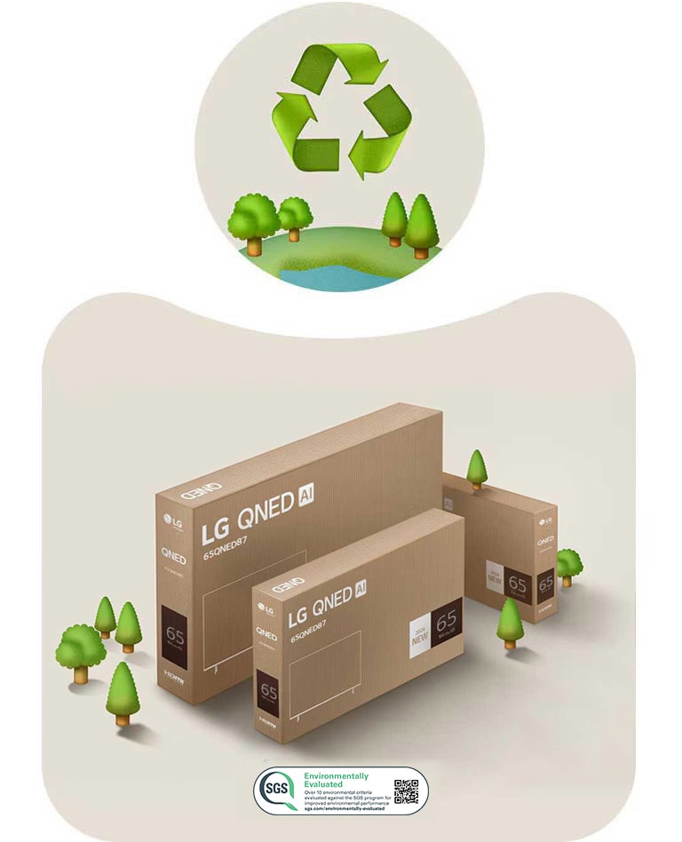 LG QNED pakiranje na bež pozadini s nacrtanim drvećem. 