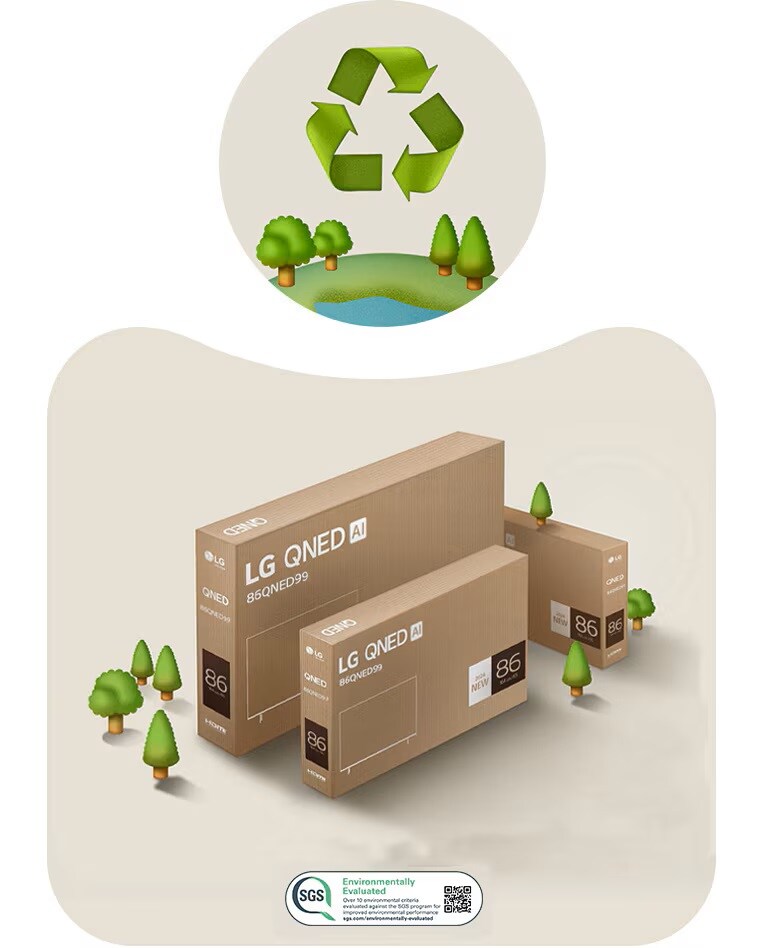 LG QNED pakiranje na bež pozadini s nacrtanim drvećem. 