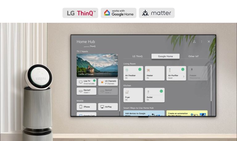 Televizor LG TV s Home Hubom na zaslonu. UI prikazuje Google Home, ThinQ i druge IoT uređaje, pokazujući kako jednostavno možete upravljati svim pametnim uređajima pomoću televizora.