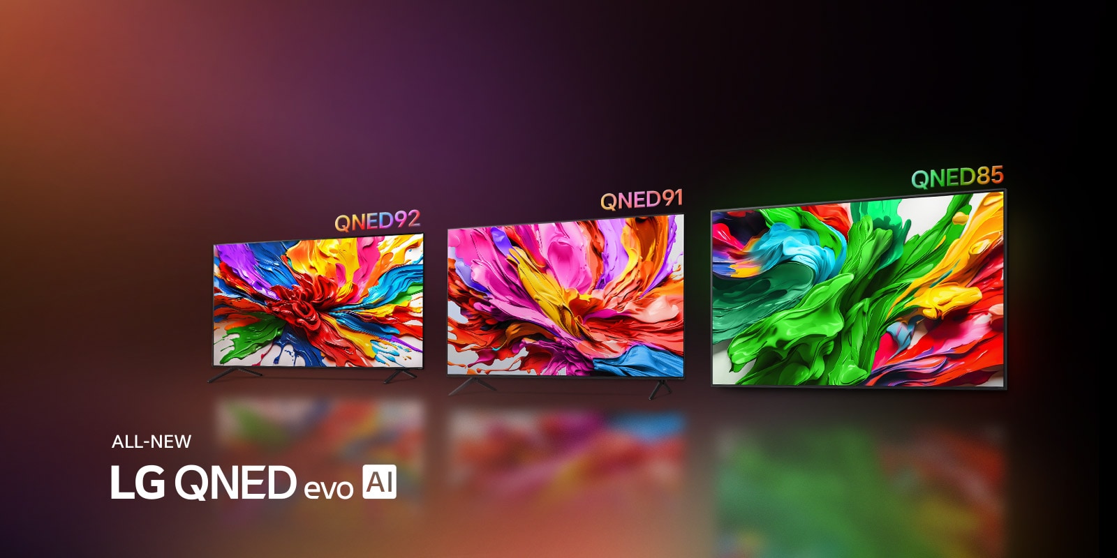 Na zaslonima televizora LG TV prikazana su šarena umjetnička djela koja ističu novu tehnologiju reprodukcije živopisnih i šarenih boja televizora LG QNED. Prikazuje se i logotip POTPUNO NOVOG TELEVIZORA LG QNED evo AI.
