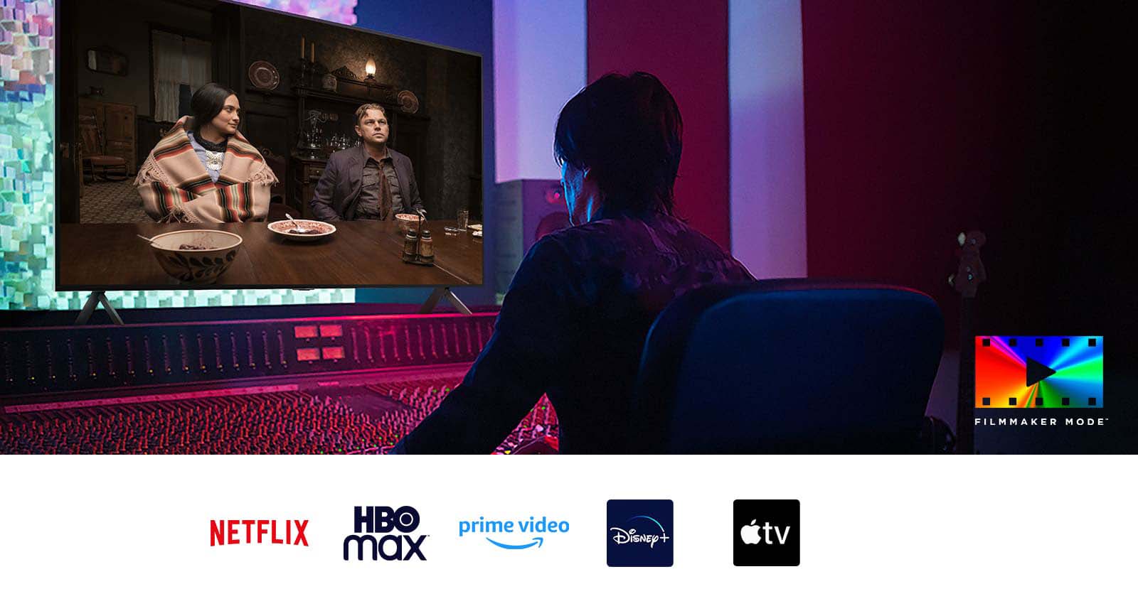 Redatelj ispred upravljačke ploče montira film „Ubojice cvjetnog mjesec” na televizoru LG QNED TV. Dolje lijevo, nalaze se logotip Dolby Vision i logotip načina rada FILMMAKER MODE. Ispod slike su logotipovi za Netflix, HBOmax, Prime Video, Disney Plus, Apple TV i LG Channels.