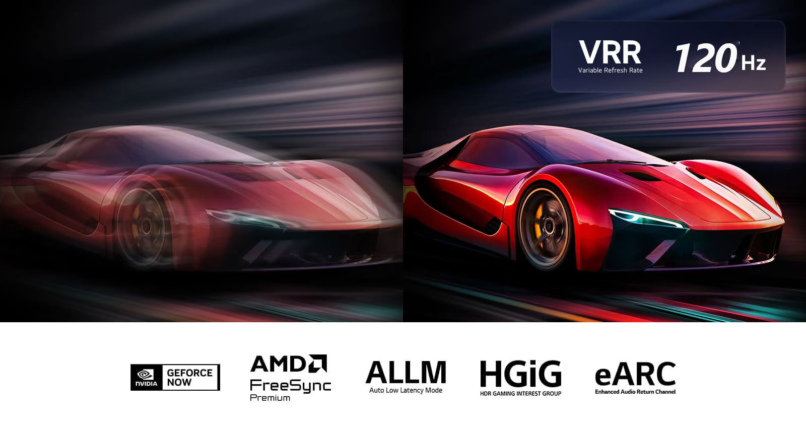 Usporedba VRR 120Hz: oštra slika trkaćeg automobila naspram zamućene. Ključne gaming tehnologije: FreeSync, G-SYNC, ALLM.